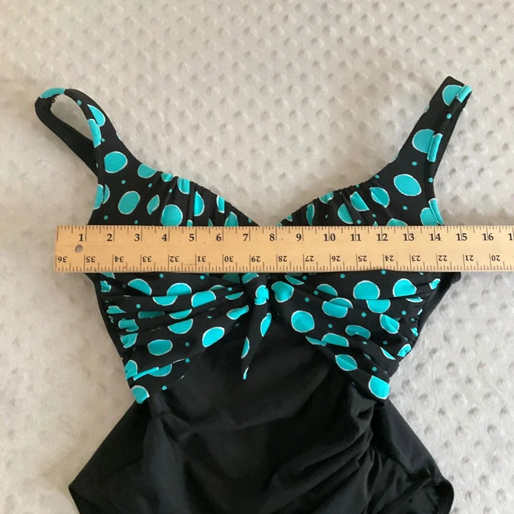 Miraclesuit One Piece Swimsuit Women 12 Black Teal Polka Dot Tummy Control